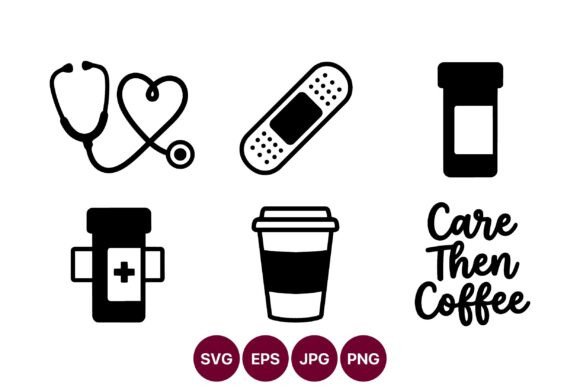 Medical Icons and Coffee Line Art